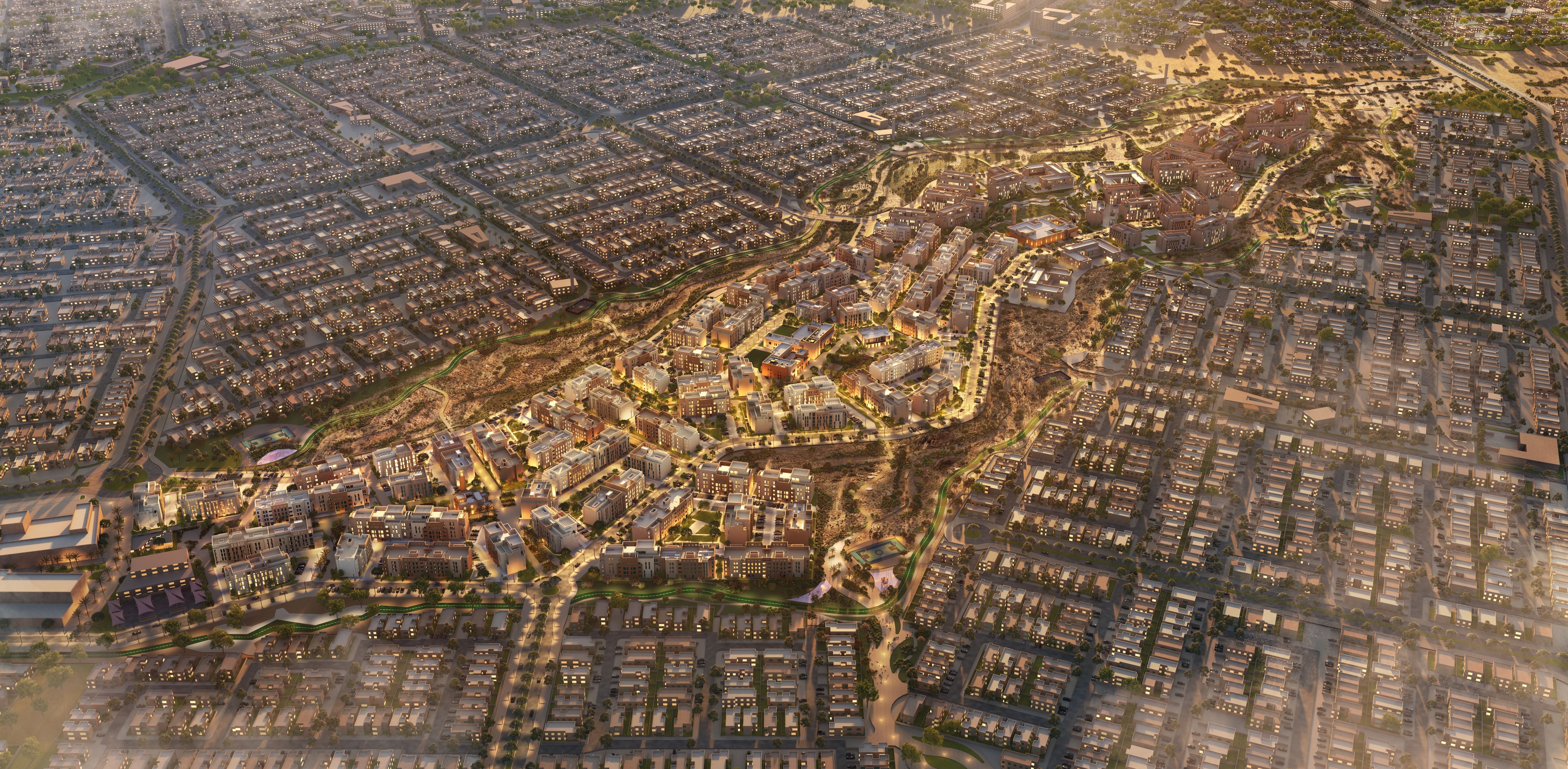 A high-quality aerial shot of ROSHN Communities, showcasing its size and location relative to the surrounding area.